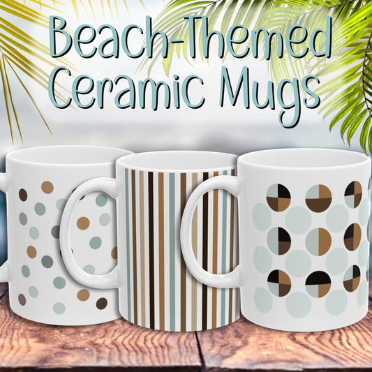 Three ceramic mugs with different geometric designs in shades of brown and aqua