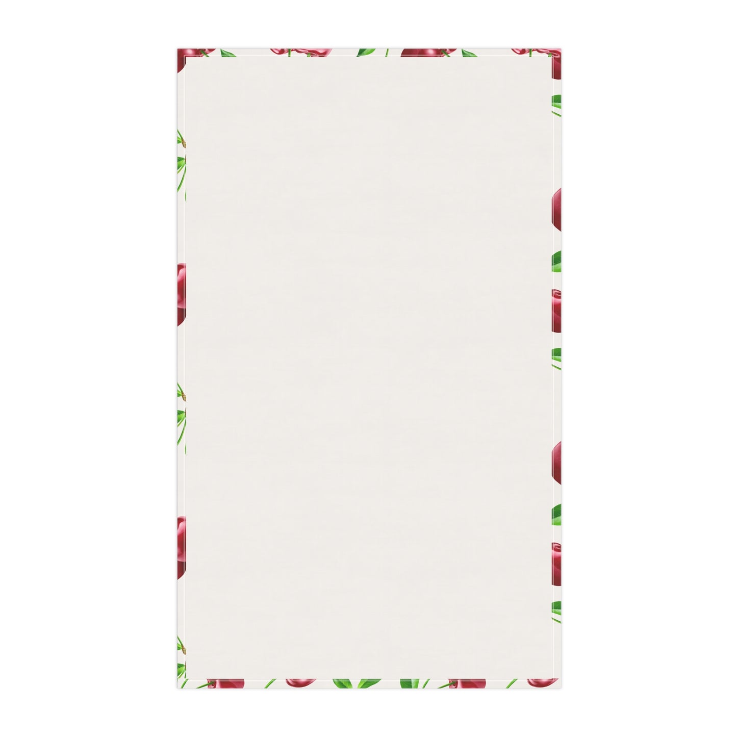 Backside of the White tea towel featuring a vibrant cherry print with green leaves.