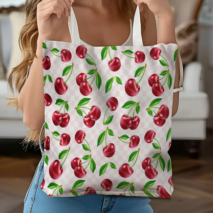 A woman carrying a Cherry print tote bag