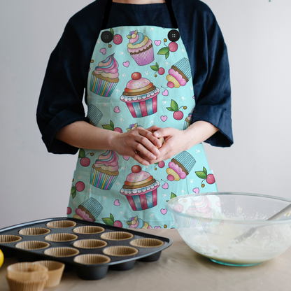 The Whimsical Cupcake Apron, brings a dash of sweetness to your kitchen with a fun and super-sweet design! Featuring a vibrant aqua background and adorable cupcake illustrations