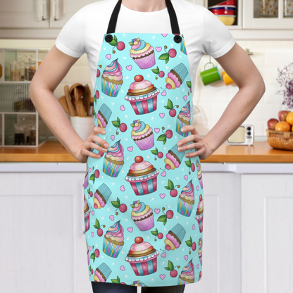 The Whimsical Cupcake Apron, brings a dash of sweetness to your kitchen with a fun and super-sweet design! Featuring a vibrant aqua background and adorable cupcake illustrations