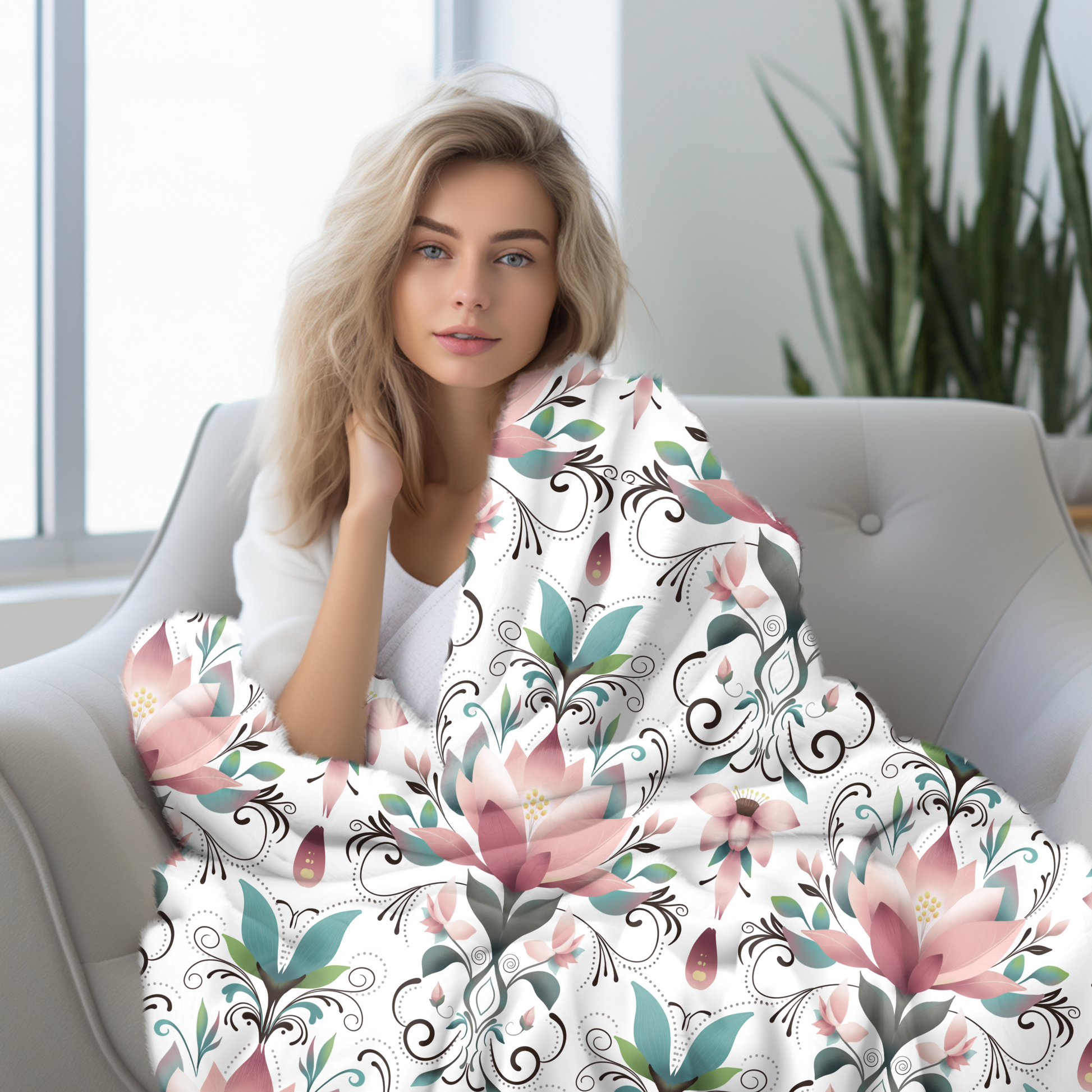 A beautiful mandala floral design in shades of mint and pinks on a white sherpa blanket.