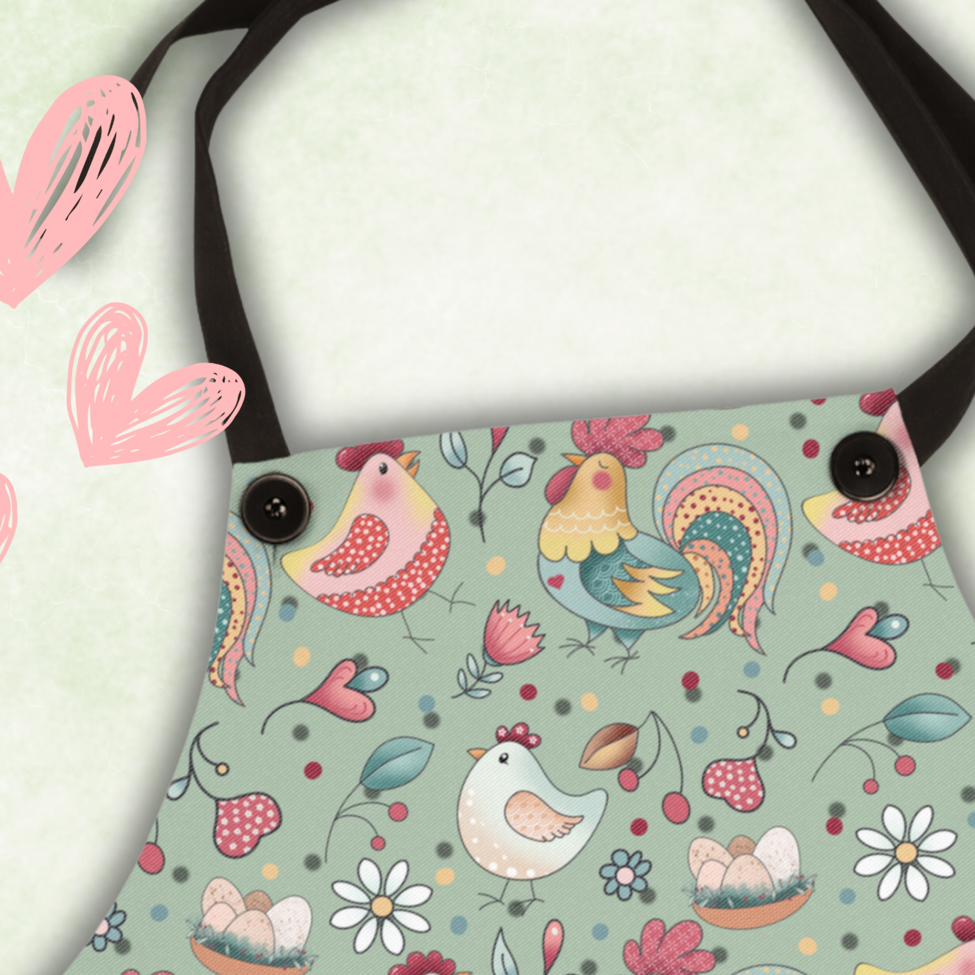 A fun sage colored apron featuring fun and funky chickens and roosters.