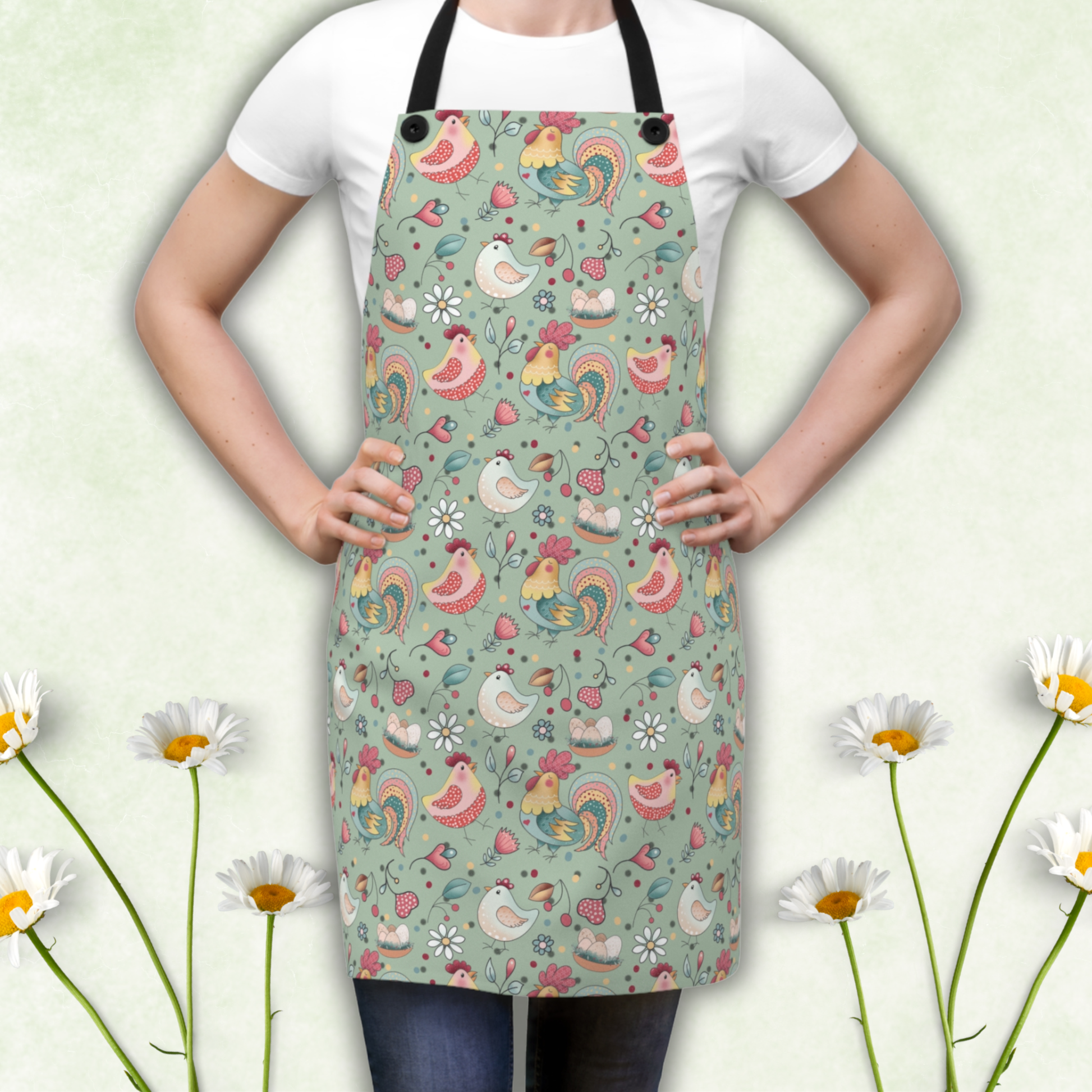 A fun sage colored apron featuring fun and funky chickens and roosters.