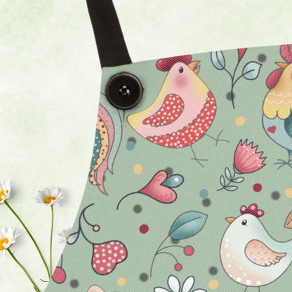 A fun sage colored apron featuring fun and funky chickens and roosters.