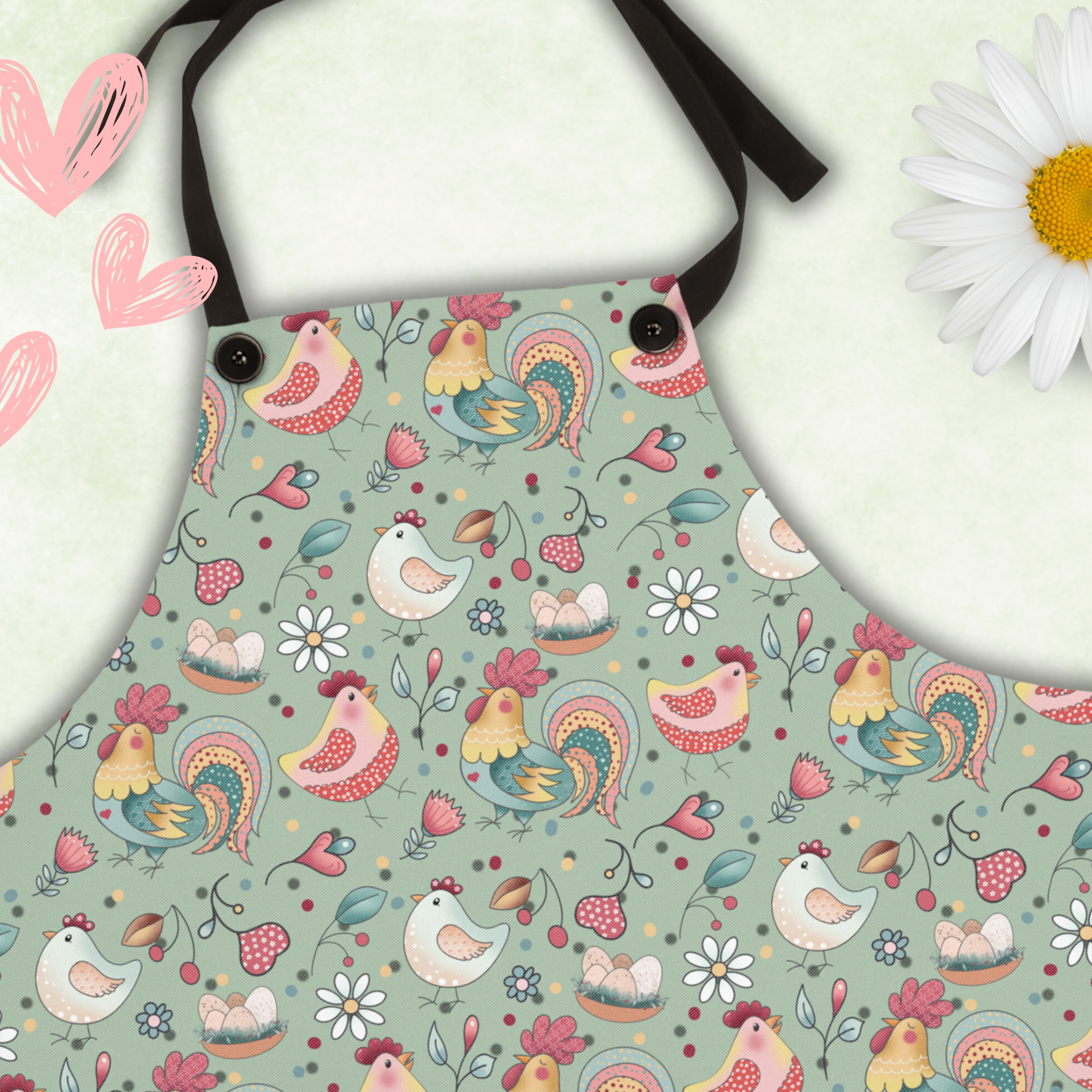 A fun sage colored apron featuring fun and funky chickens and roosters.