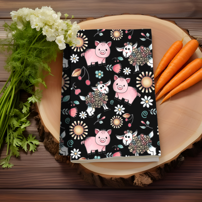 Cute Farm Animal Hand Towel featuring pink pigs, multi-colored sheep, and botanical accents.