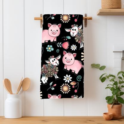 Cute Farm Animal Hand Towel featuring pink pigs, multi-colored sheep, and botanical accents.