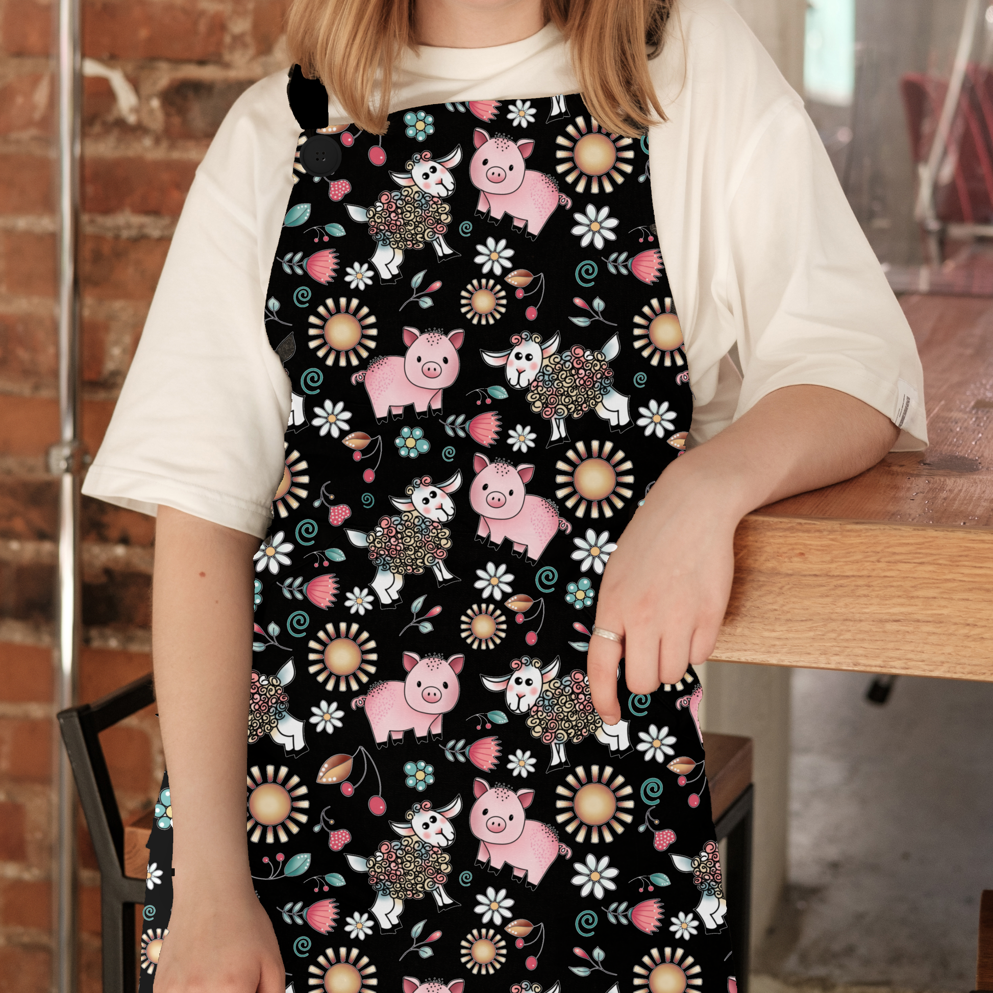 Whimsical Floral Pig and Sheep Apron