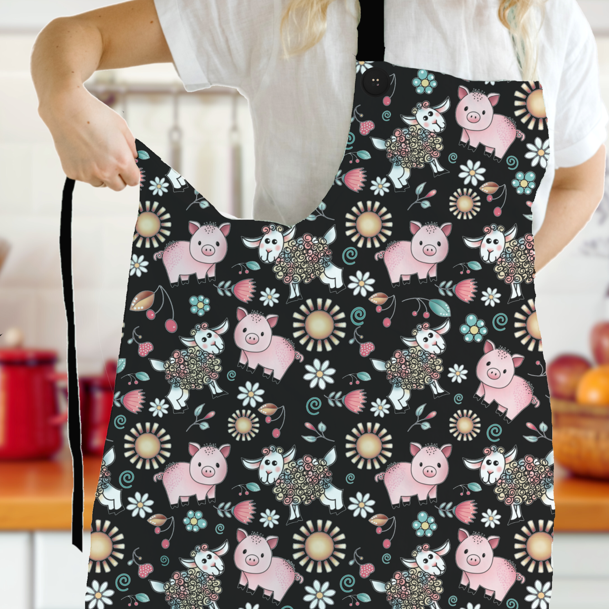 Whimsical Floral Pig and Sheep Apron