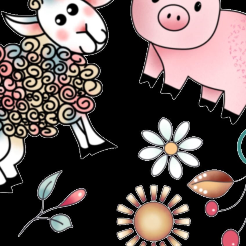 Close up of the Whimsical Floral Pig and Sheep Apron