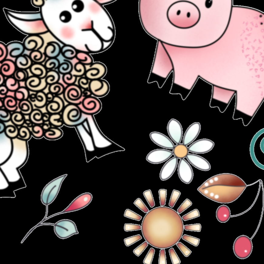 Cute Farm Animal Hand Towel featuring pink pigs, multi-colored sheep, and botanical accents.