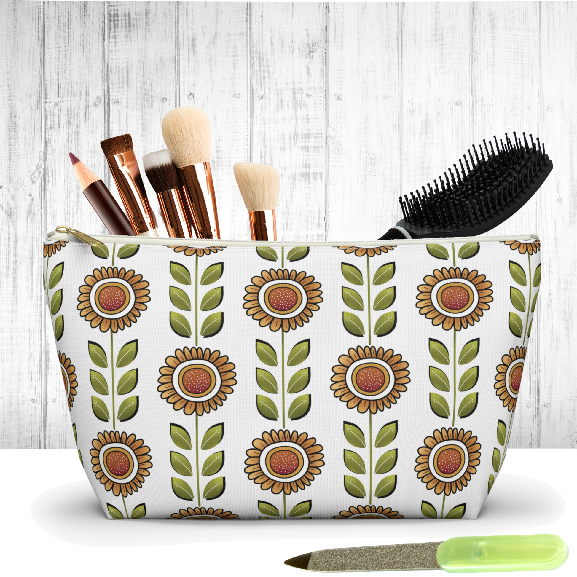 Retro Sunflower Print Makeup Bag with white background.