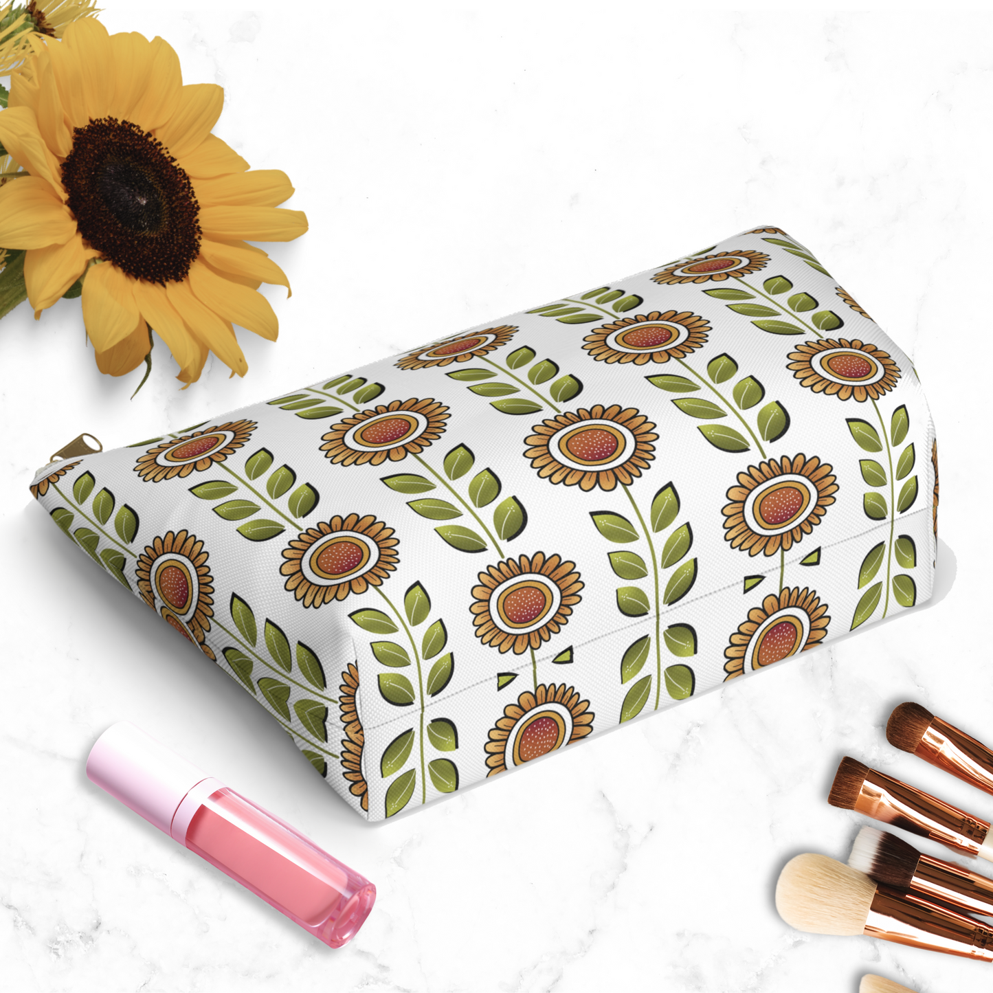 Retro Sunflower Print Makeup Bag with assorted cosmetics