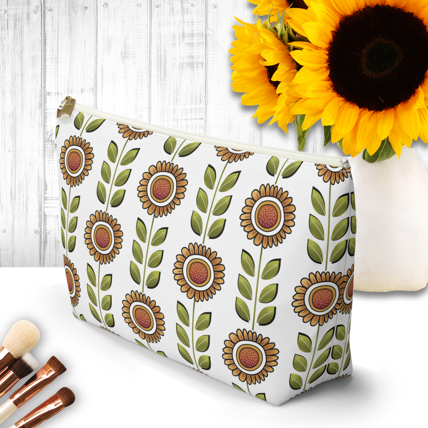 Retro Sunflower Print Makeup Bag with cosmetics and sunflowers