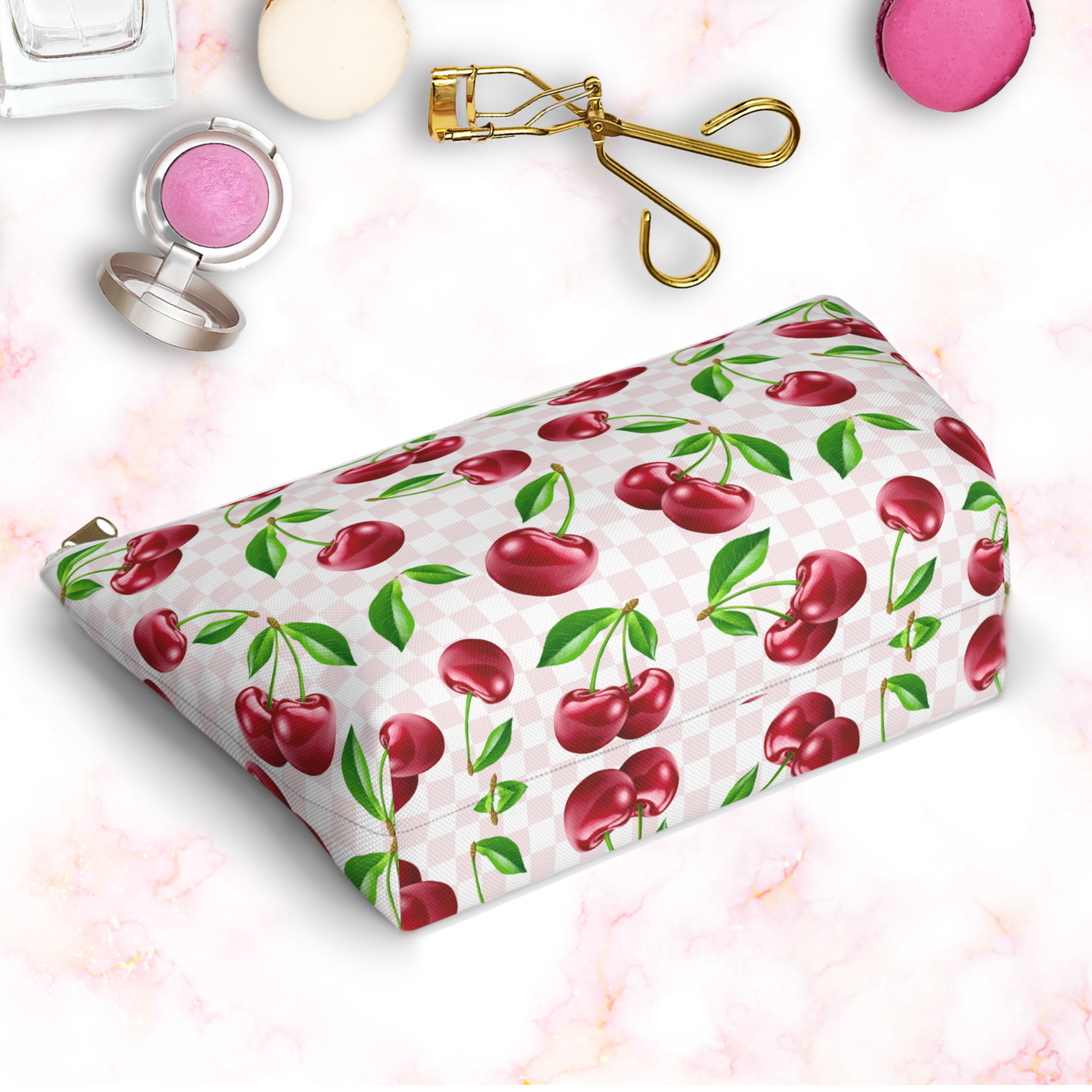 Cherry Makeup Bag with assorted cosmetics