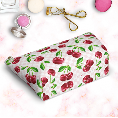 Cherry Makeup Bag with assorted cosmetics
