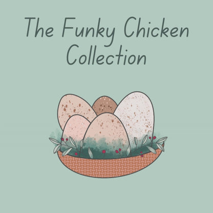 A fun sage colored apron featuring fun and funky chickens and roosters.