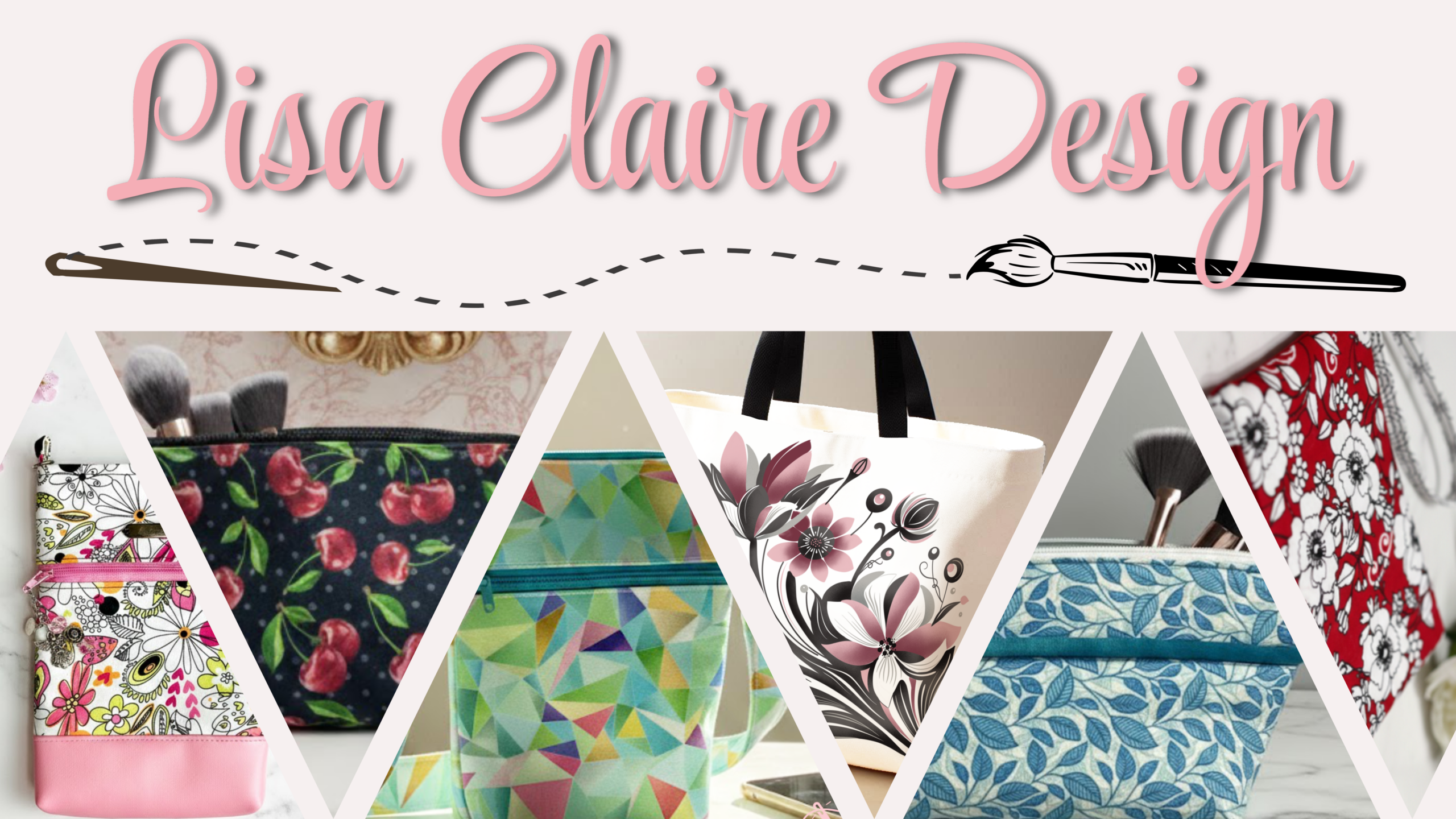 Lisa Claire Design Website image showing different items for sale such as tote bags, wristlets, phone pouches, etc.